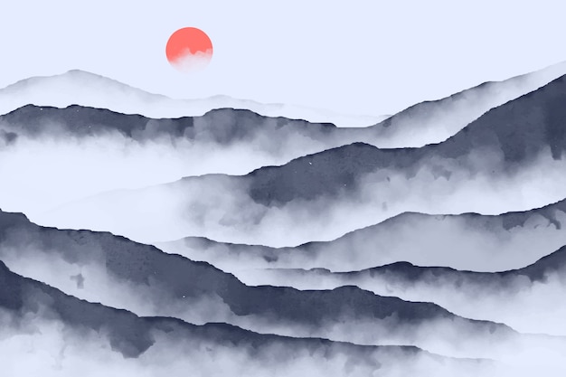 Free vector watercolor mountains background with sun