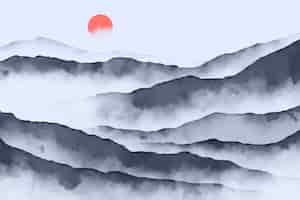 Vettore gratuito sfondo di montagne dell'acquerello con il sole