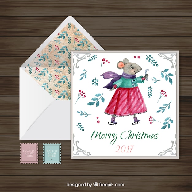Акварель мышь Рождественская открытка