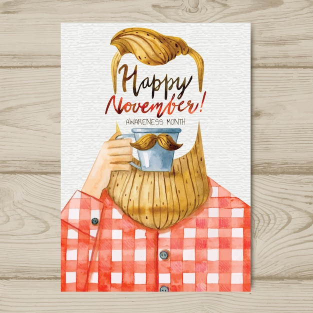 Modello di poster acquerello baffi movember con hipster bere caffè