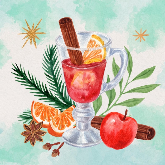 Watercolor mulled wine illustration