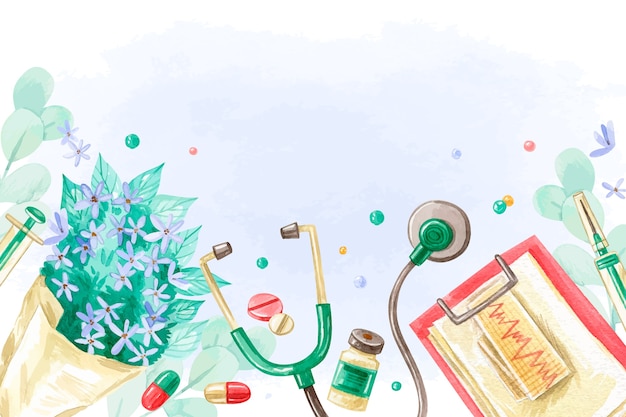 Бесплатное векторное изображение Акварельный фон национального дня врача с предметами первой необходимости