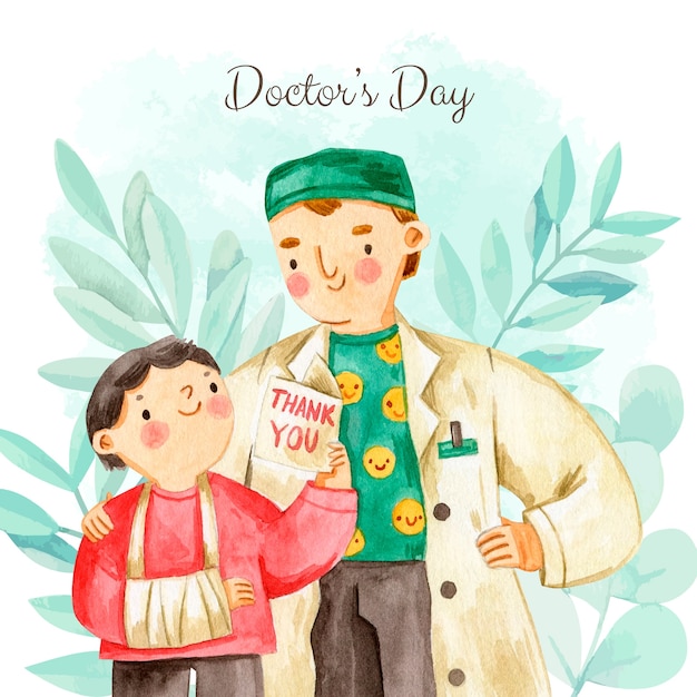 Watercolor national doctor's day illustration with medic and child patient