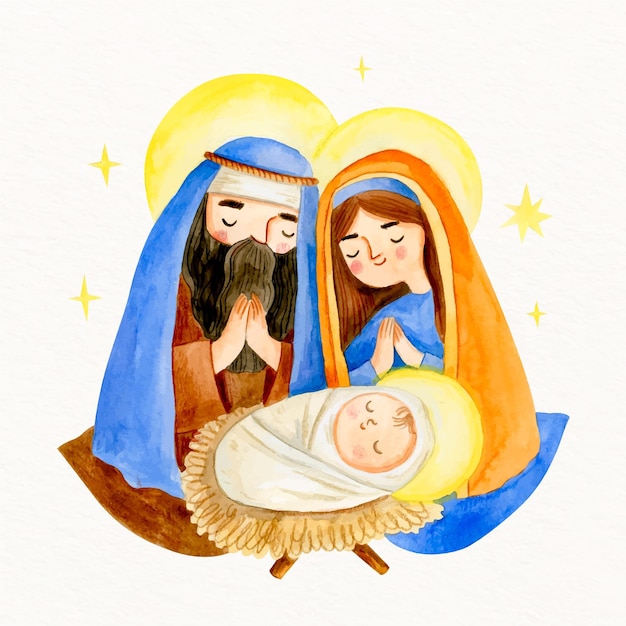 赤ちゃんのイエスと水彩のキリスト降誕のシーン