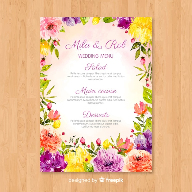 Watercolor nature wedding menu template