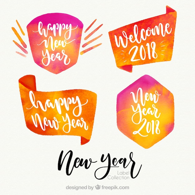 Free vector watercolor new year 2018 badge collection in orange