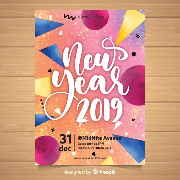 Watercolor new year 2019 party flyer 