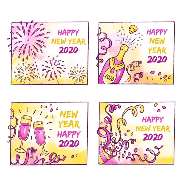 Free Vector watercolor new year 2020 badge collection