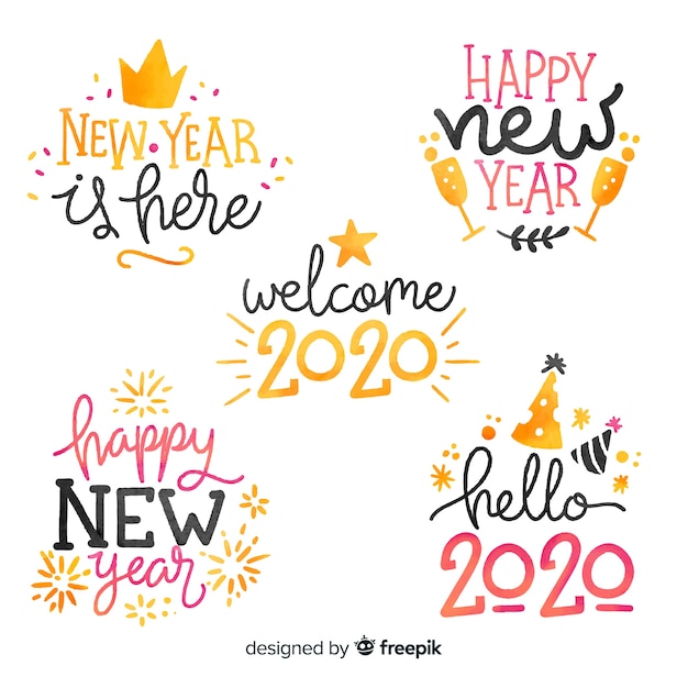 Watercolor new year 2020 label collection
