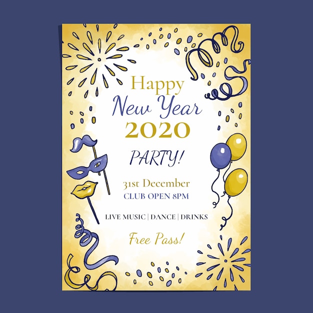 Watercolor new year 2020 party flyer template