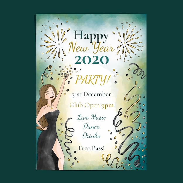 Watercolor new year 2020 party poster template