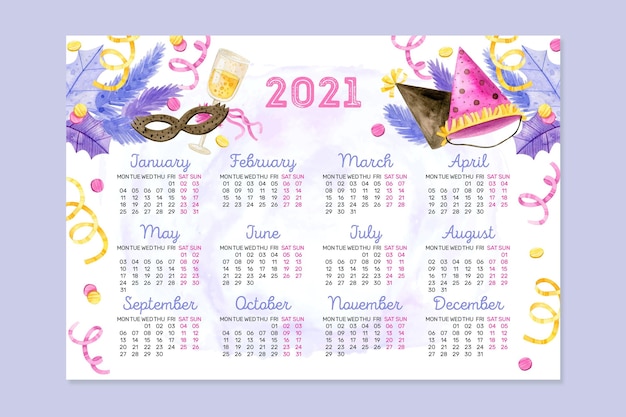 Calendario dell'acquerello del nuovo anno 2021