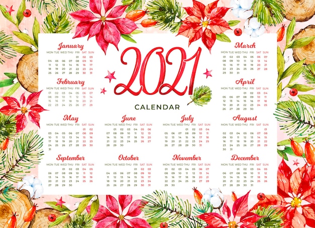 Calendario dell'acquerello del nuovo anno 2021