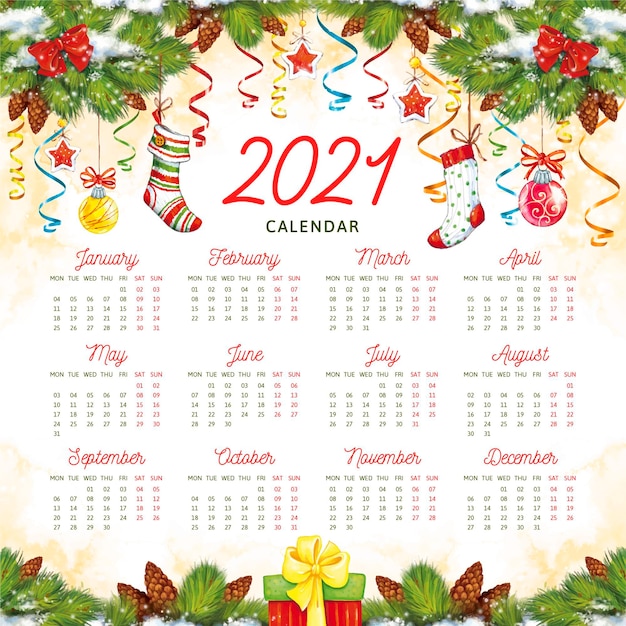 Calendario dell'acquerello del nuovo anno 2021