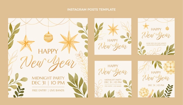 Free vector watercolor new year instagram posts collection