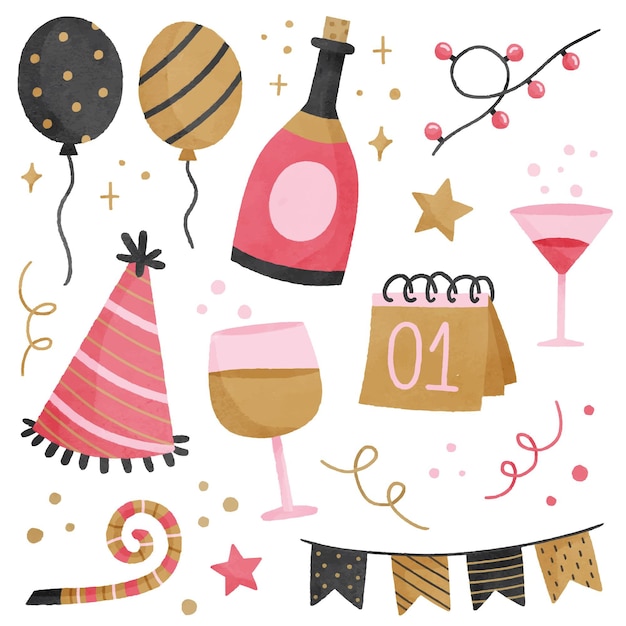 Free vector watercolor new year party element collection