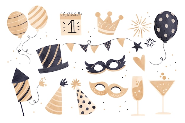 Free vector watercolor new year party element collection