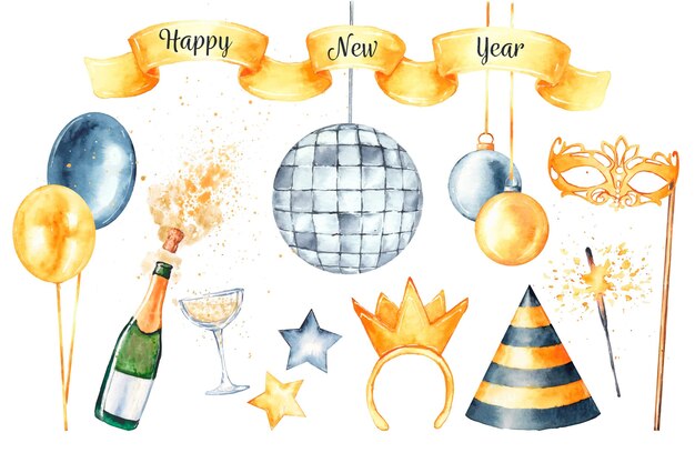 Watercolor new year party element set