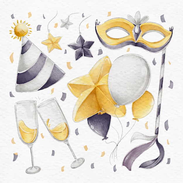 Watercolor new year party elements collection