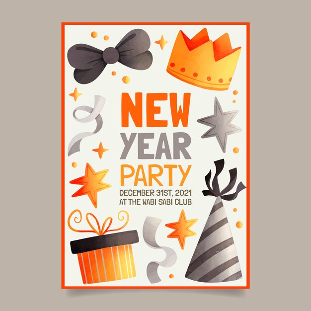 Watercolor new year vertical party flyer template