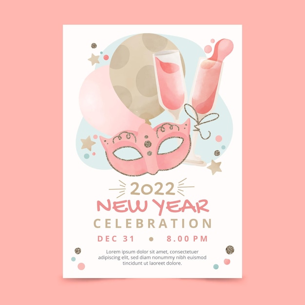 Free vector watercolor new year vertical poster template with balloons and mask