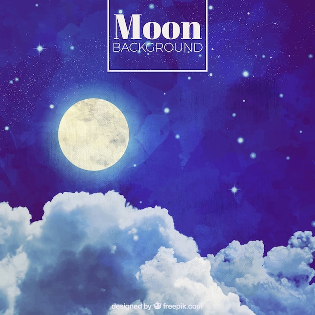 無料ベクター 月と水彩夜空の背景