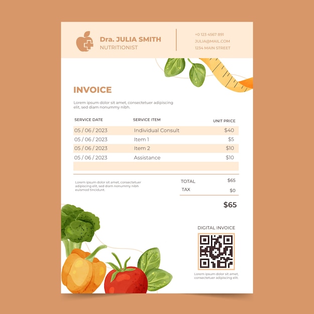 Free vector watercolor nutritionist advice invoice