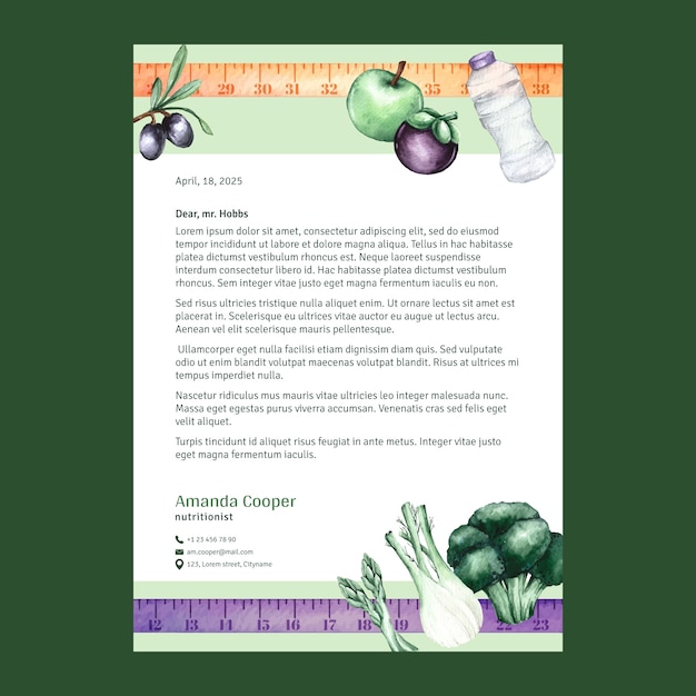 Free vector watercolor nutritionist advice letterhead