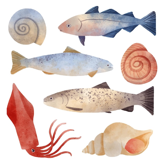 Free vector watercolor ocean creatures collection