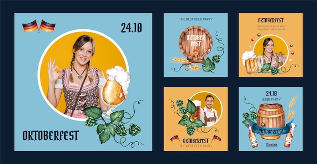 Vettore gratuito collezione di post instagram oktoberfest ad acquerello