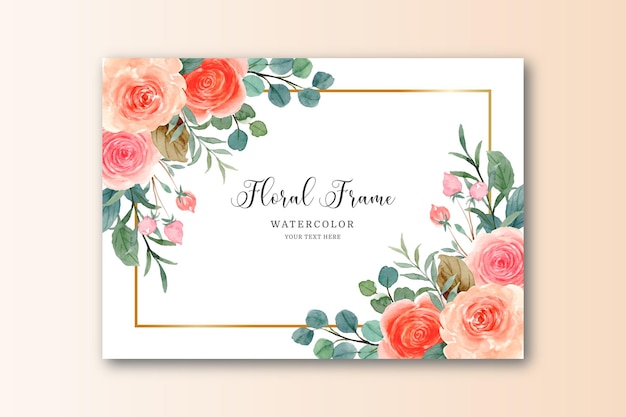 Watercolor orange pink rose with golden frame