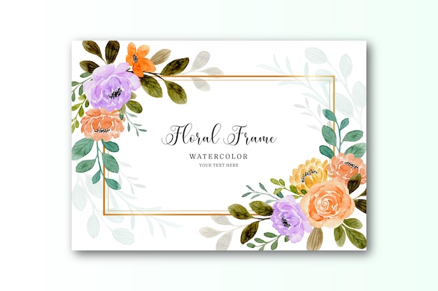 Free vector watercolor orange rose flower card with golden frame