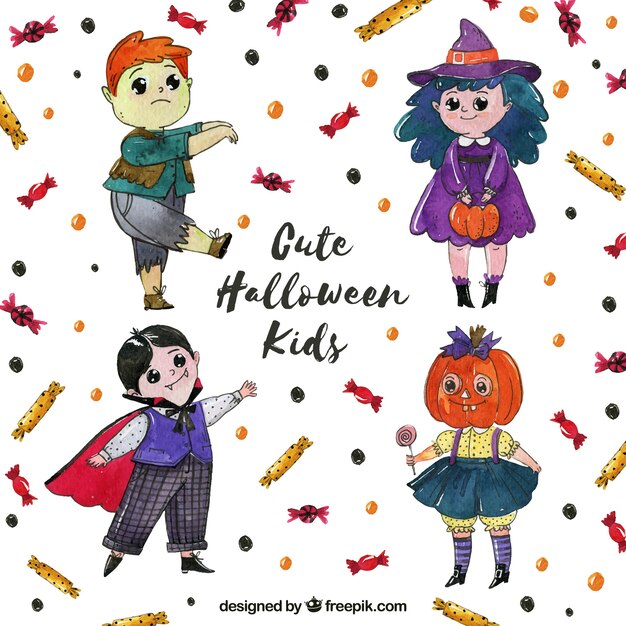 Акварельный набор детей с костюмами Хэллоуина