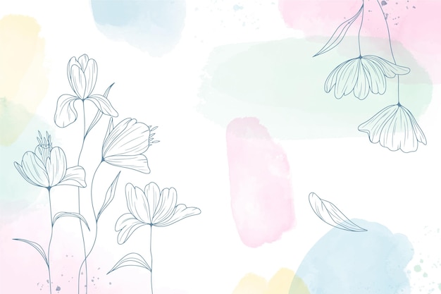 Watercolor painted background with hand drawn flowers