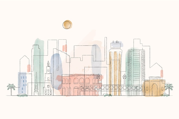 Watercolor Painted Málaga Skyline – Free Download Vector Template