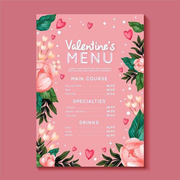 Watercolor painted valentine's day menu template