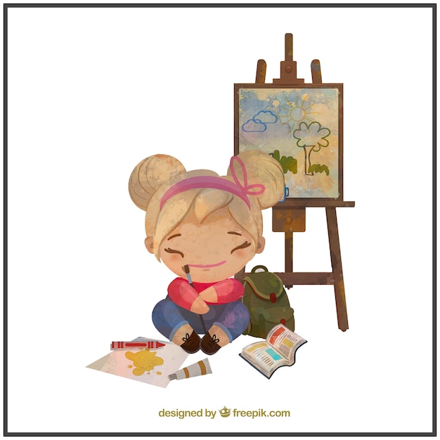 Watercolor painter little girl
