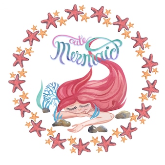 かわいい人魚の海の星とサンゴの水彩画 フレームイラストセット プレミアムベクター かわいい人魚の海の星とサンゴの水彩画 フレームイラストセット プレミアムベクター