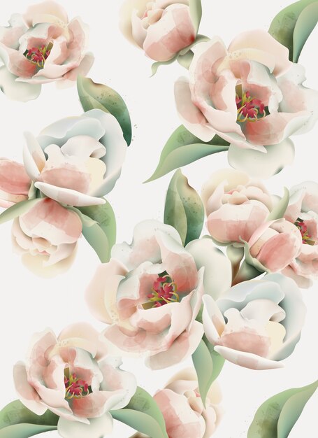 Watercolor pale pink peony pattern with green leaves