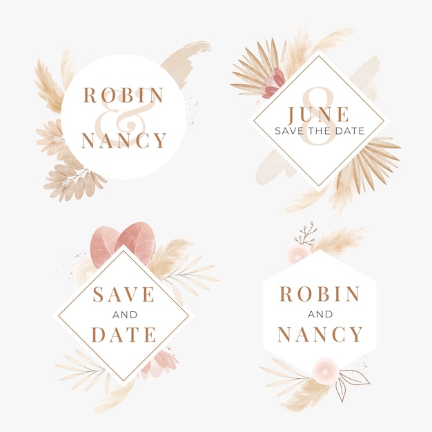 Watercolor pampas wedding labels set