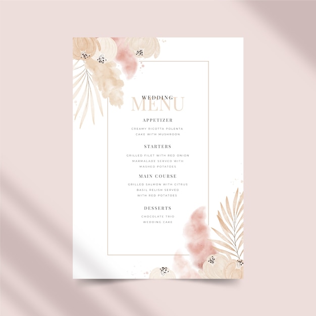 Free vector watercolor pampas wedding menu template