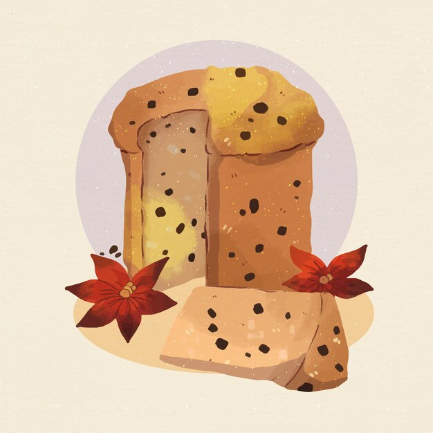 Watercolor panettone illustration with chocolate chips and flowers