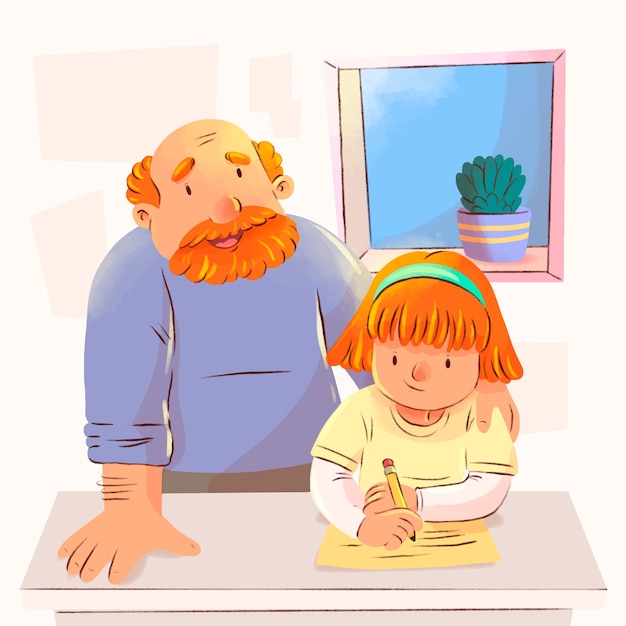 Free vector watercolor parents helping children with homework illustration