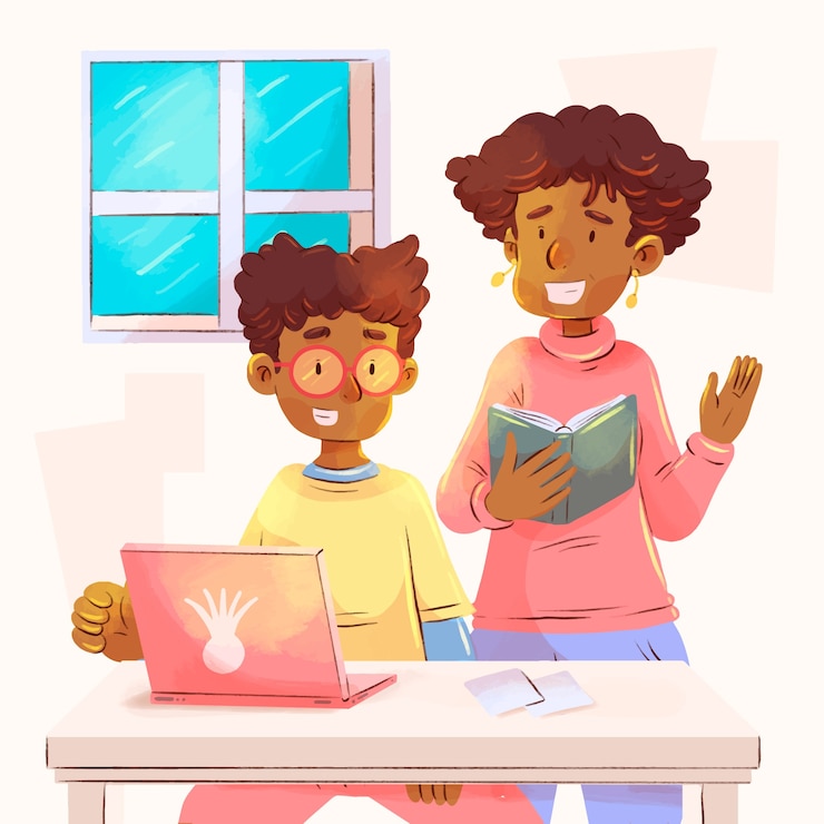 Free Vector watercolor parents helping children with homework illustration