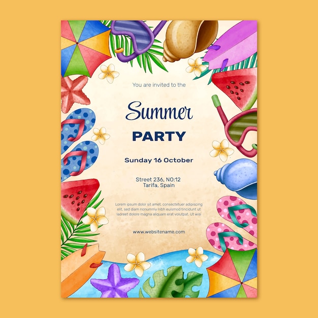 Free vector watercolor party invitation template for summer season