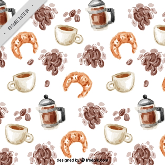 Watercolor pattern with coffee beans and croissants