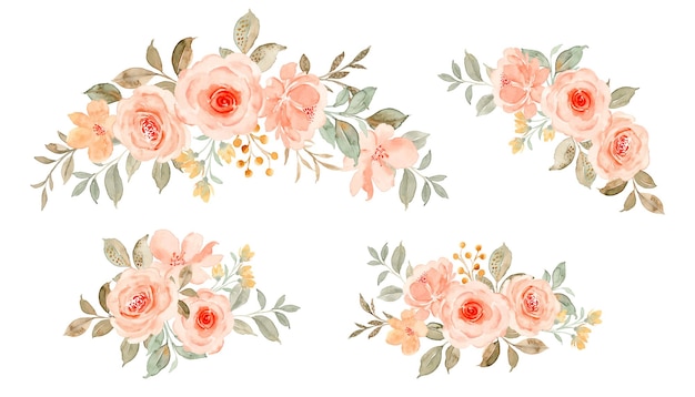 Watercolor peach rose flower bouquet collection