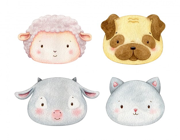 水彩ペットイラスト 子羊 犬 猫 山羊の顔 プレミアムベクター