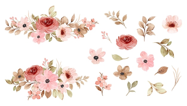 Watercolor pink floral elements and arrangement collection