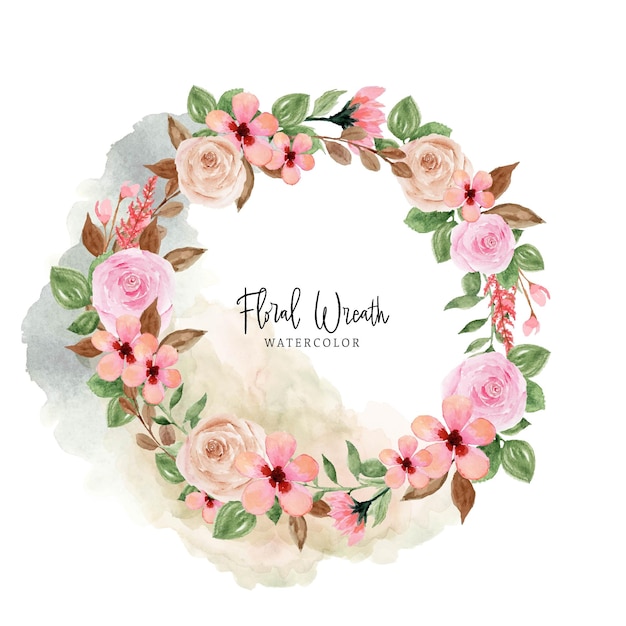 Vettore gratuito corona floreale rosa acquerello con macchia astratta